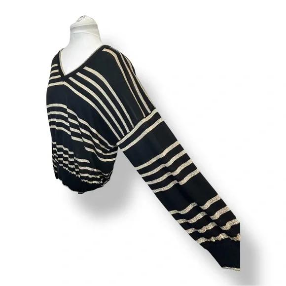 Laurette Women’s Striped V-Neck Sweater VTG Wool Blend Black/Metallic Gold 2X - Picture 4 of 11